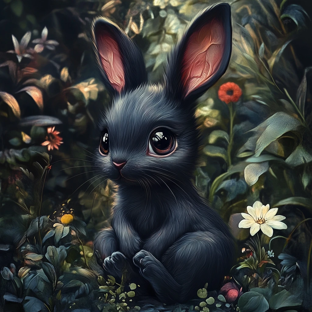 Ilustración de conejo gótico oscuro y tierno con iluminación romántica