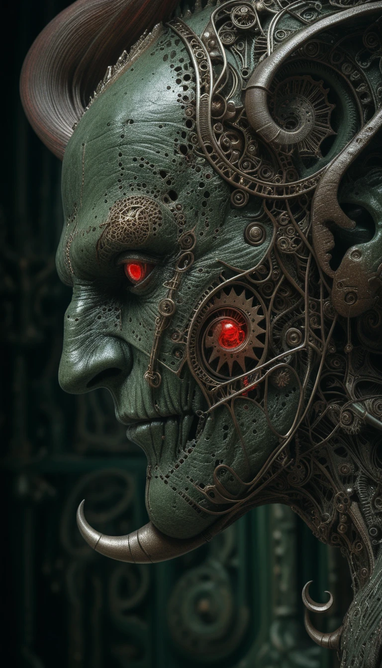 Surreal biomechanical humanoid portrait with ornate carved face