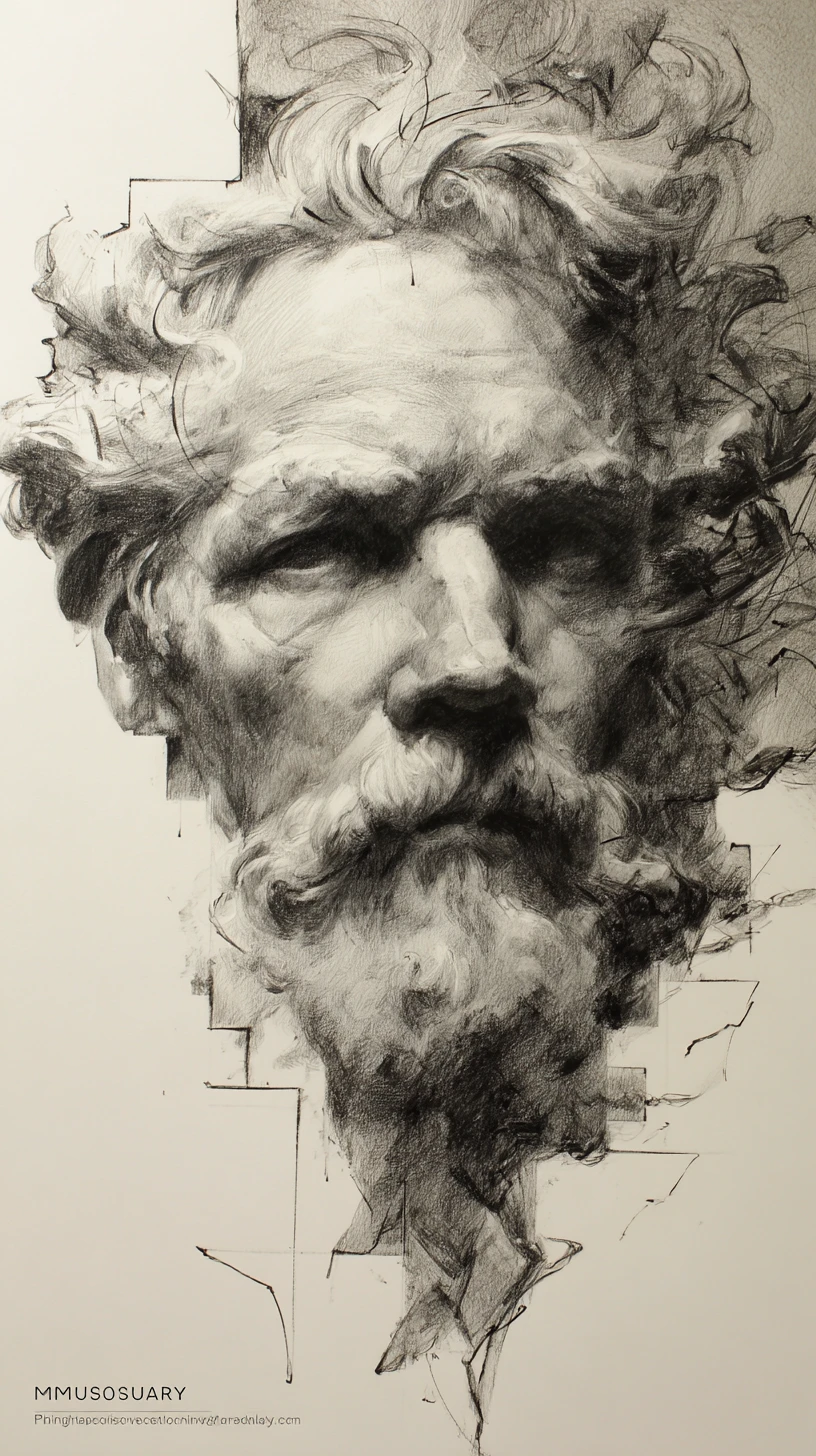 Aged male portrait in dramatic chiaroscuro charcoal drawing
