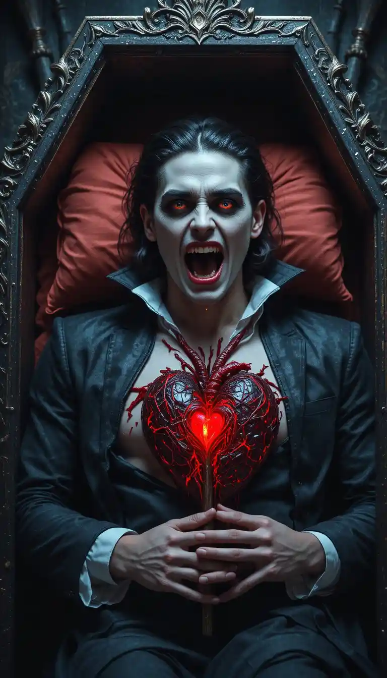 Vampire prince awakening inside a detailed metal coffin