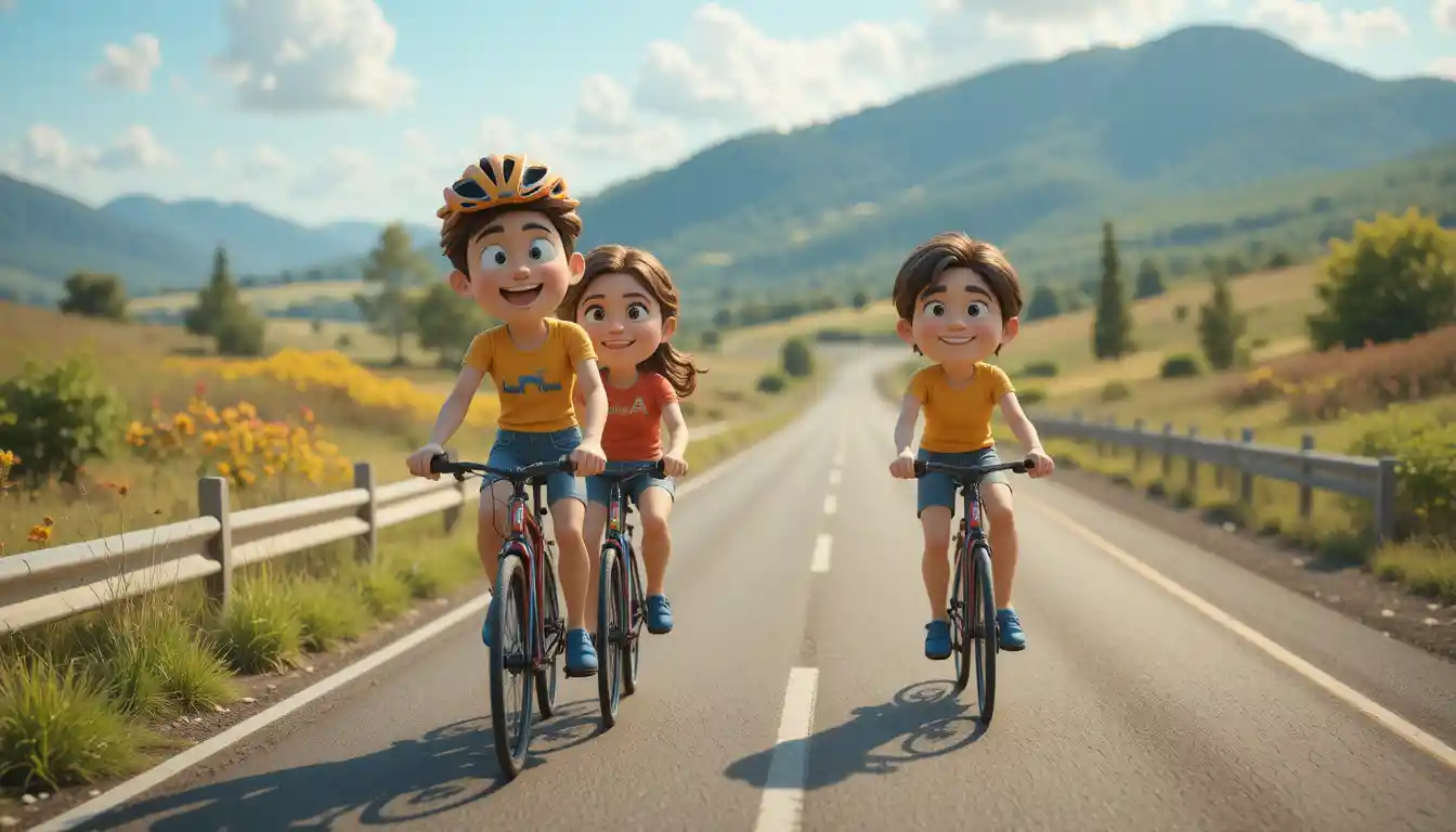 Colorful clay cyclists riding bicycles on a summer highway