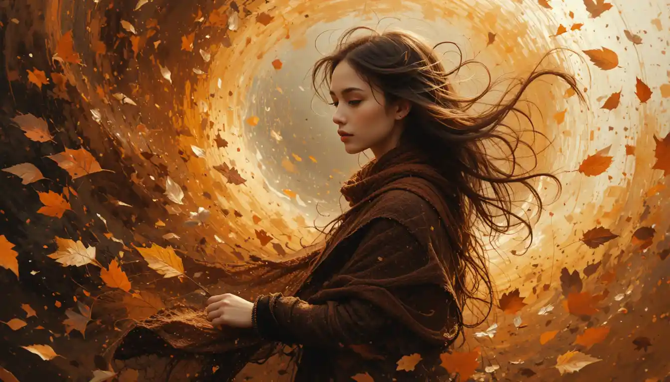 Young woman in swirling autumn leaves from above