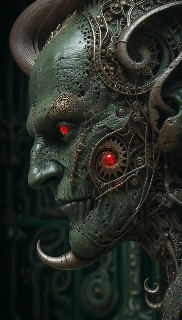 Surreal biomechanical humanoid portrait with ornate carved face
