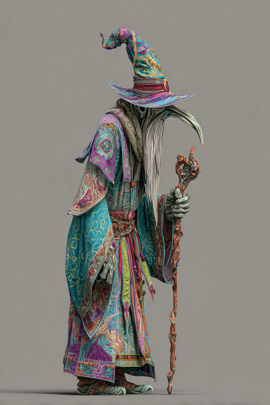 Evil wizard with staff in colorful 3d fantasy portrait