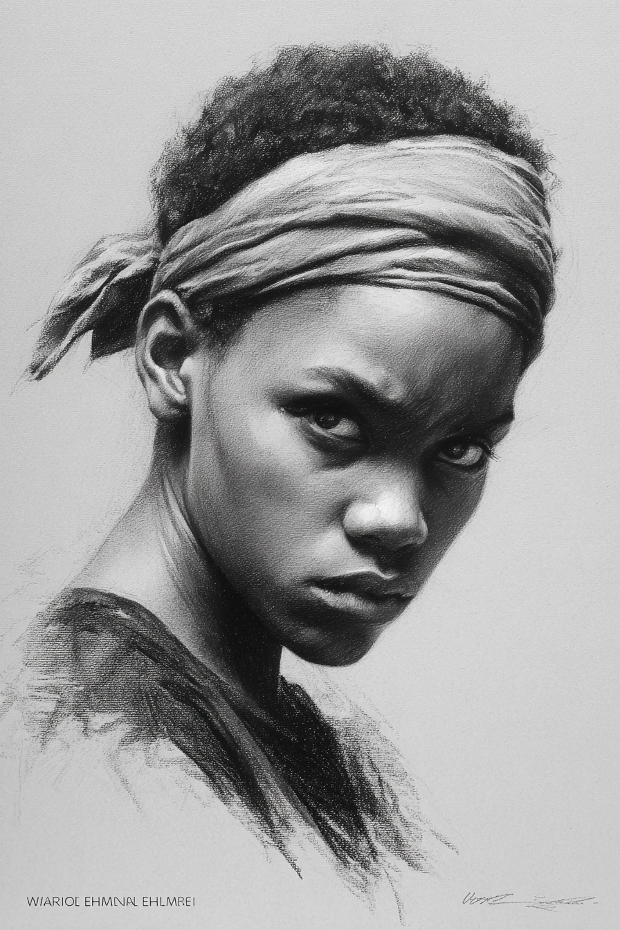Graphite portrait of a young woman with defiant gaze