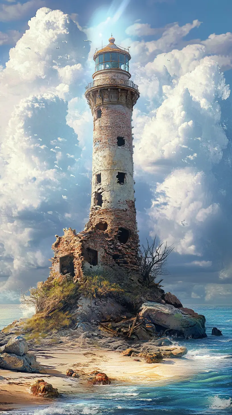Phare surréaliste en ruines sur une île rocheuse au soleil