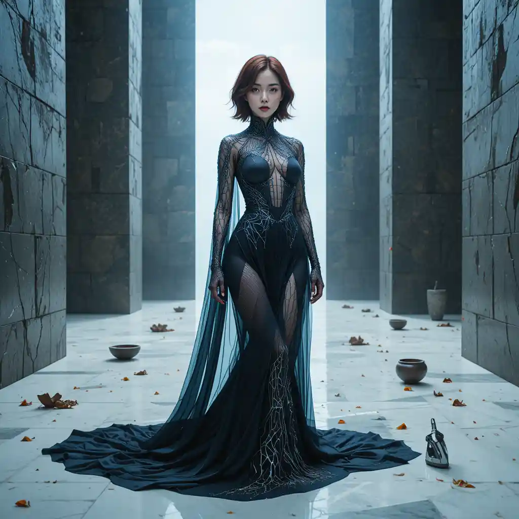 Fokussierte Koreanerin in irisierender cybernetischer Couture im Interior