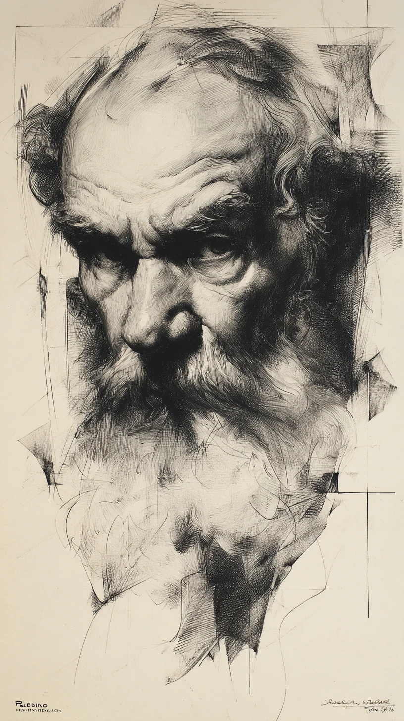 Aged male portrait in dramatic chiaroscuro charcoal drawing