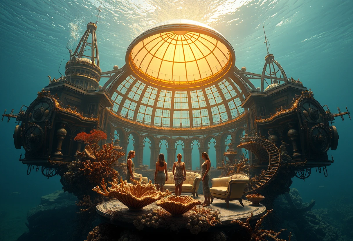 Steampunk underwater city with glowing domed pavilion