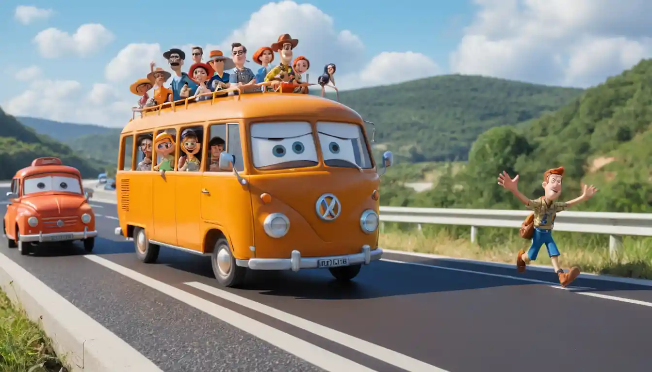 Divertenti personaggi di argilla in autobus su un'autostrada estiva