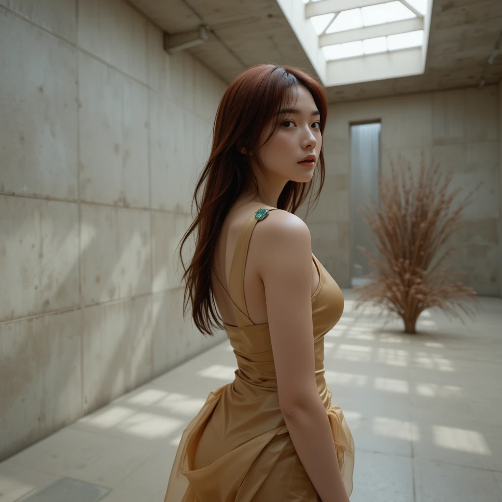 Korean woman in gold silk and latex dress in concrete gallery