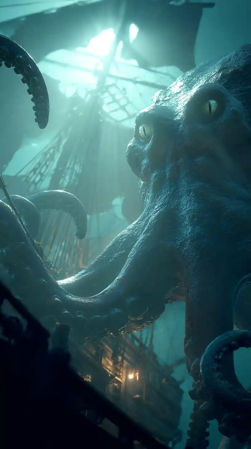 Colossal kraken rising from the abyss around a pirate wreck