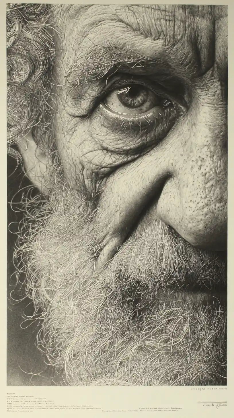 Elderly man graphite portrait in dramatic chiaroscuro close up