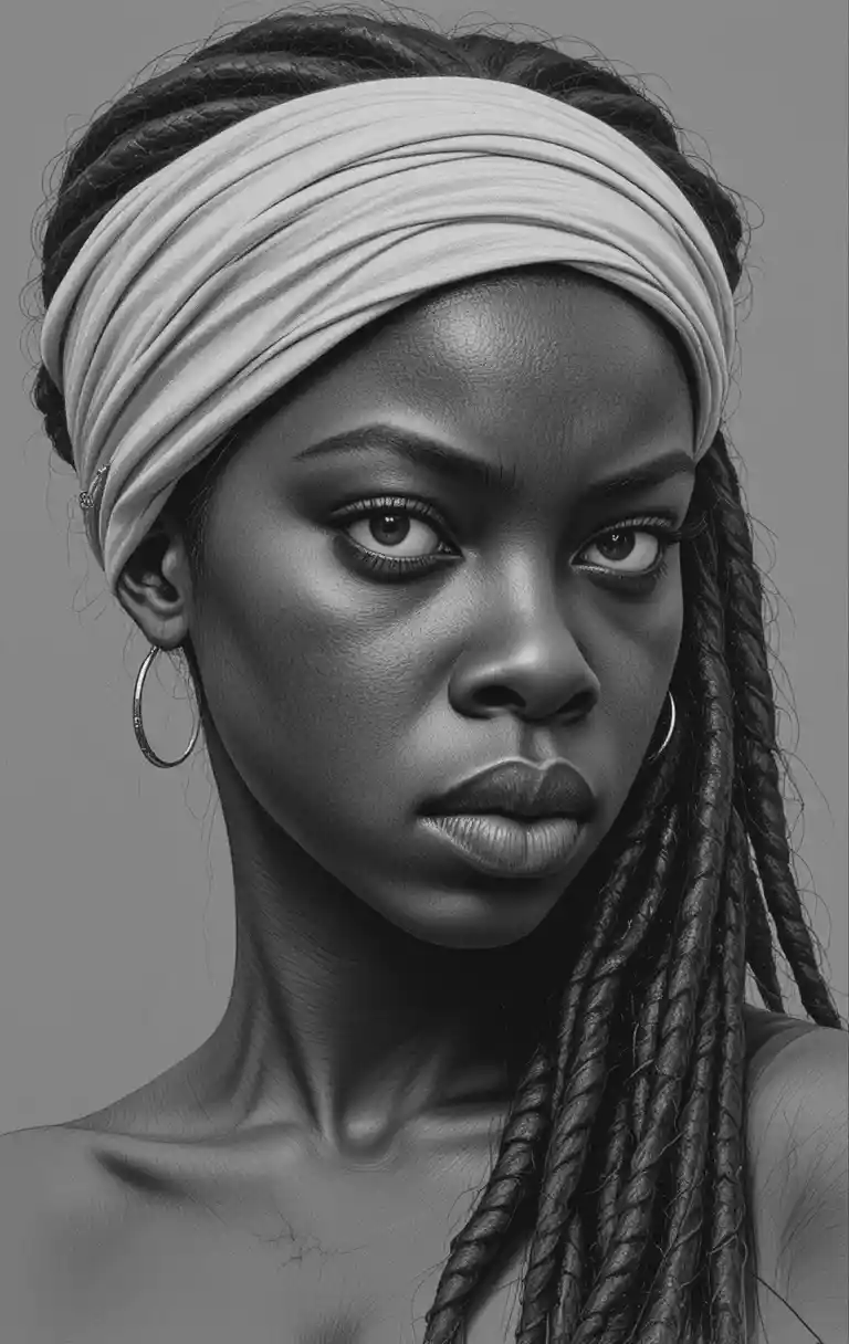 Graphite portrait of a young woman with intense defiant gaze