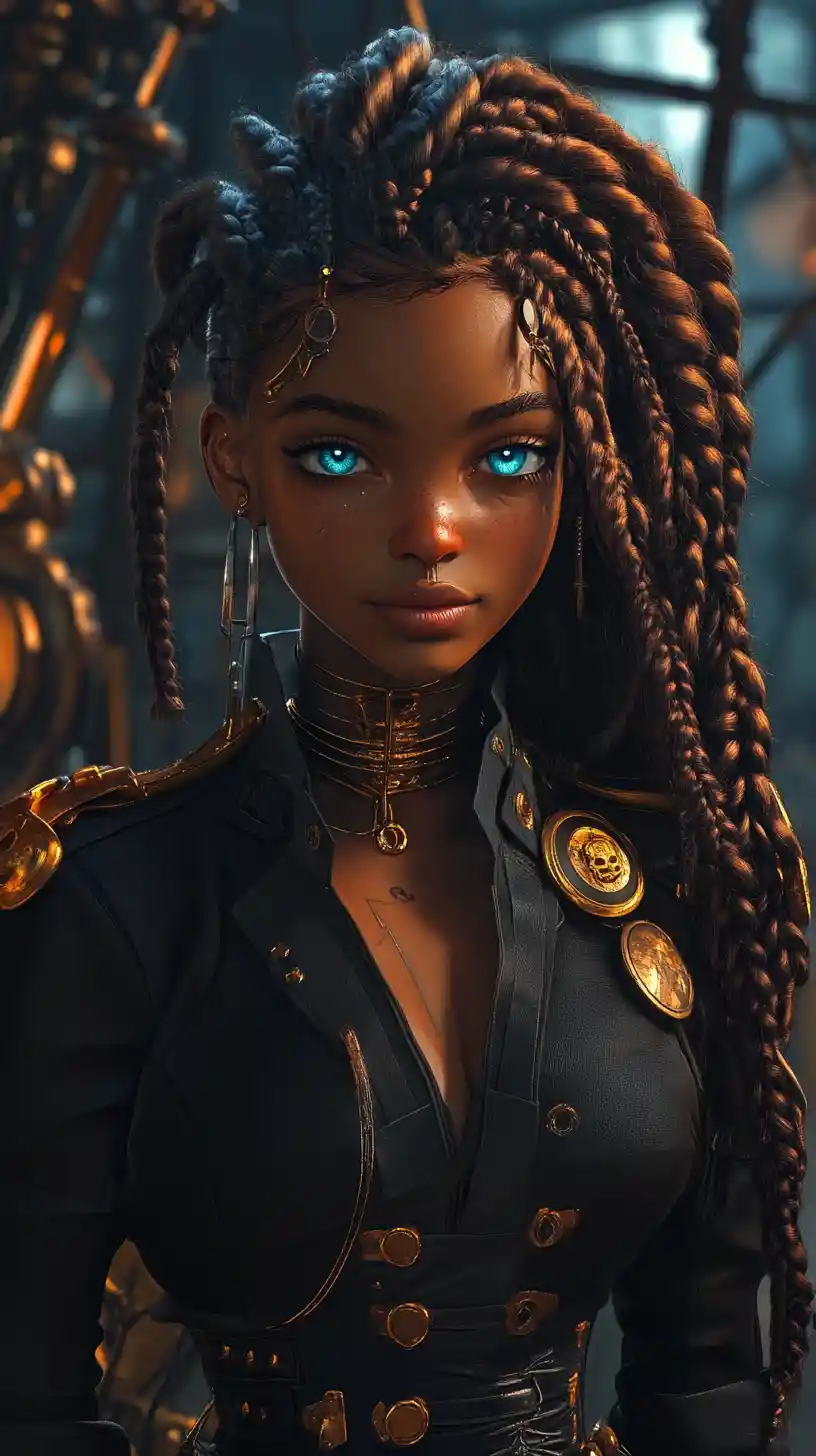 Forte heroína de anime com casaco preto elegante e fantasia justa