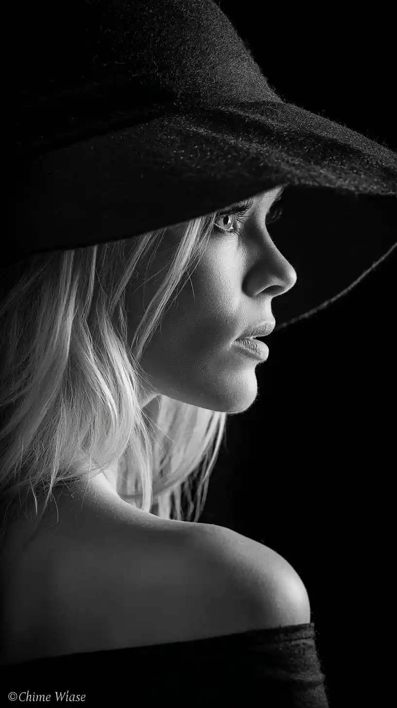 Monochrome close up profile of an elegant woman in shadow