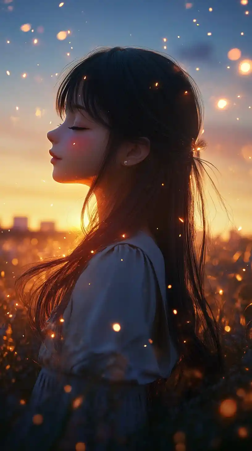 Garota de anime de perfil ao entardecer em um campo iluminado