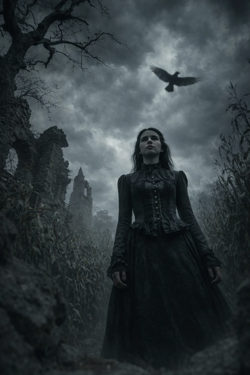 Gothic-Frau steht in einem überwucherten Maisfeld unter Sturmwolken