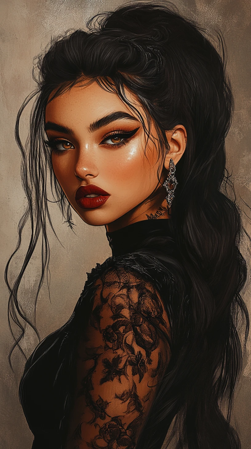 Gorgeous woman with bold makeup and sinister smiling gaze