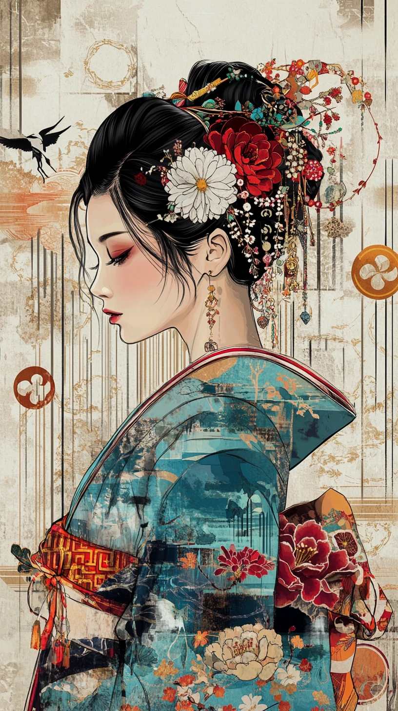 華やかな花柄着物をまとった優雅な東アジア人女性のポートレート