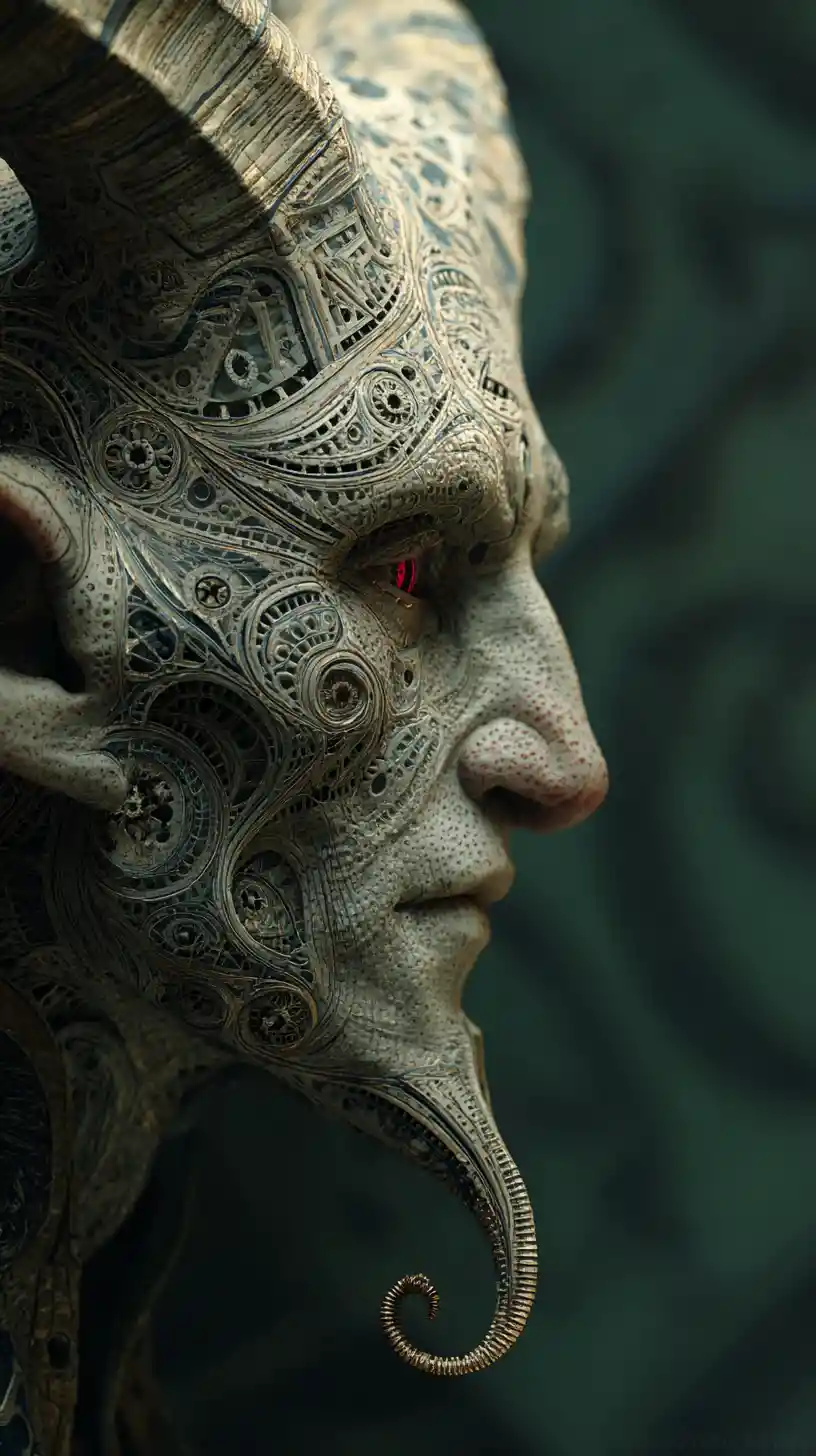 Retrato surreal de humanoide biomecânico com detalhes faciais ornamentados