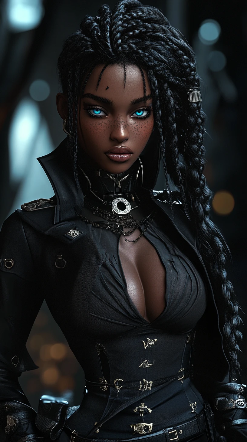 Poderosa heroína negra con elegante traje de guerrera de anime