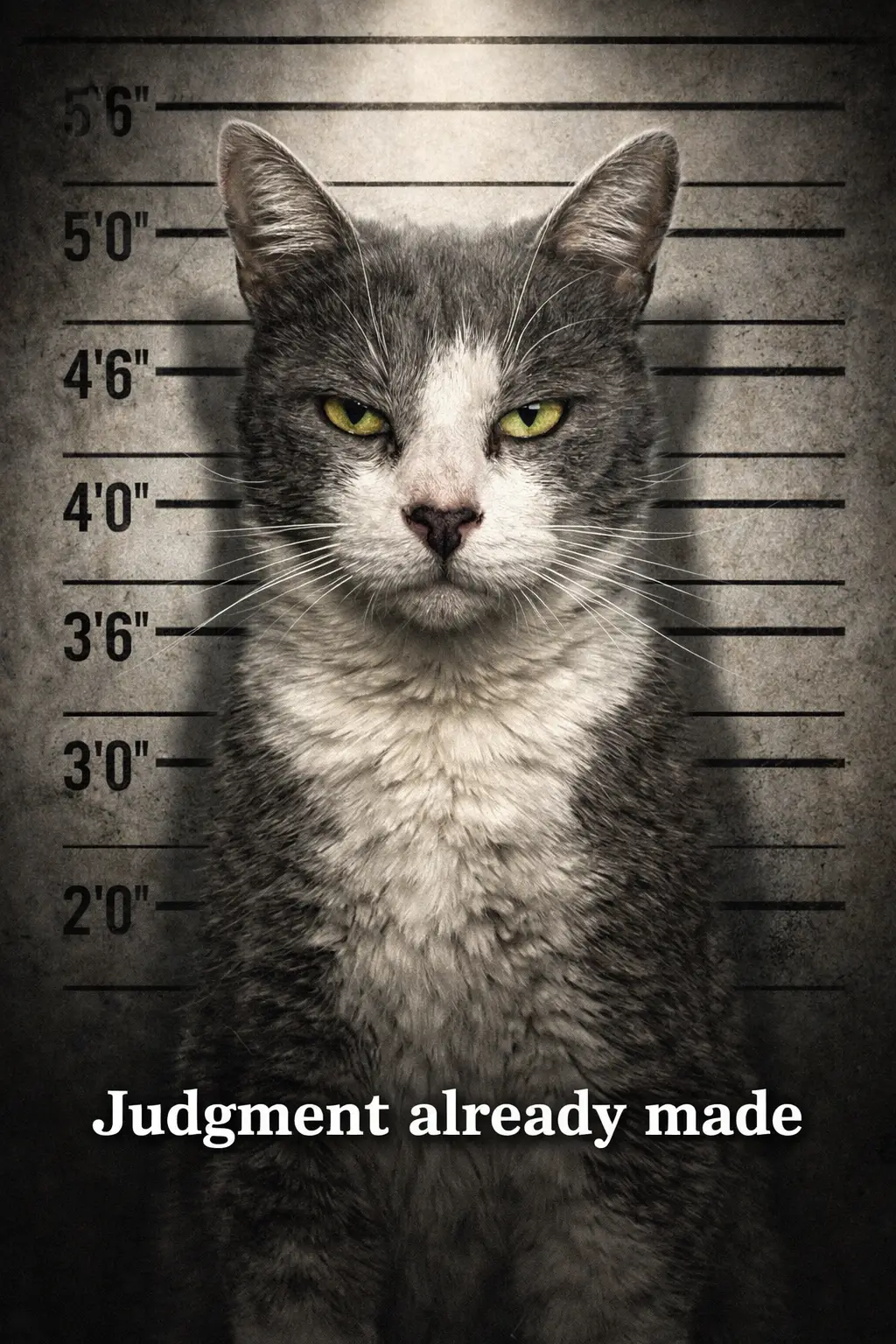 Mischievous cartoon cat mugshot with intense forward stare