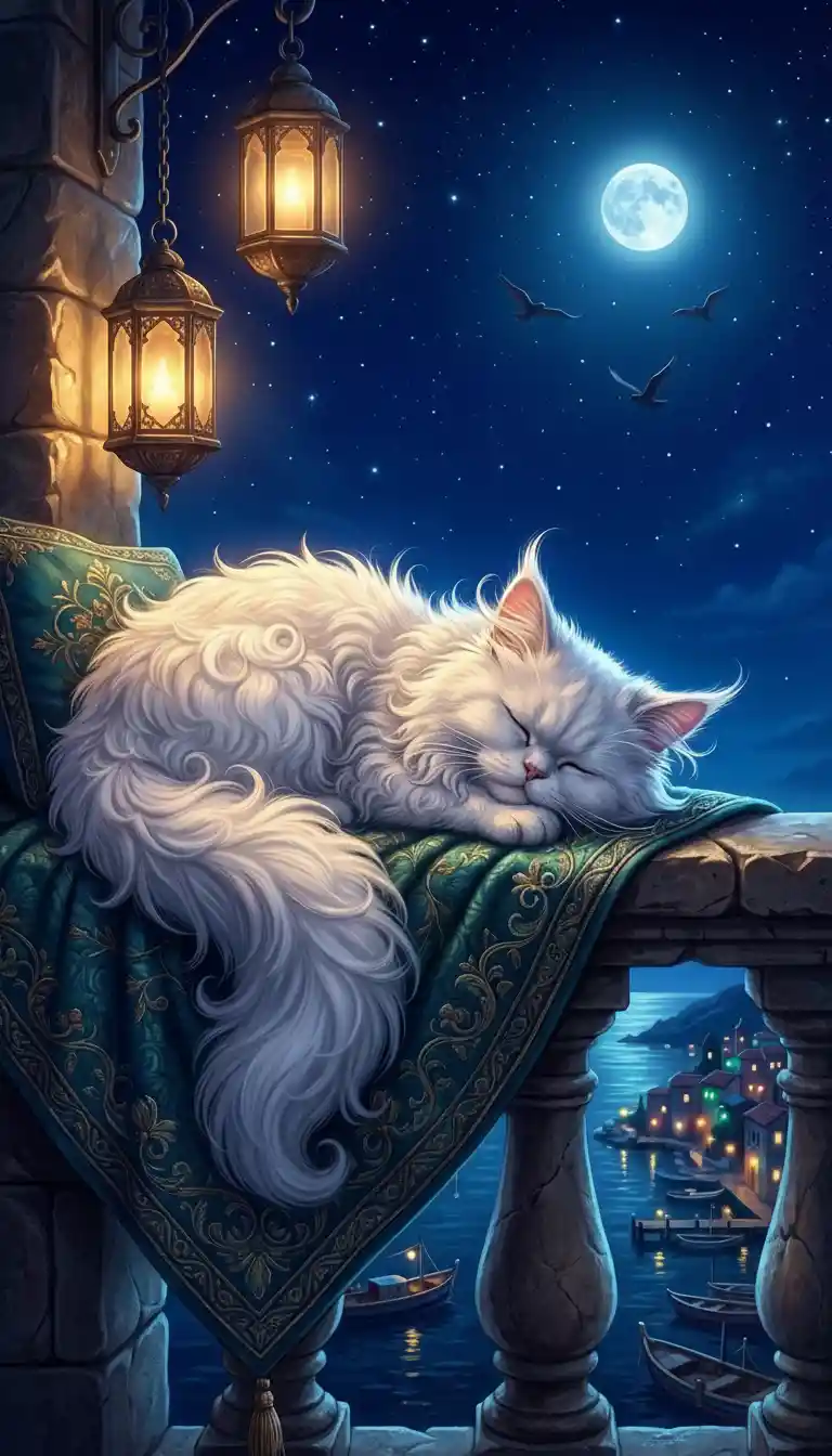 Sleepy white cat on balcony under moonlit night sky