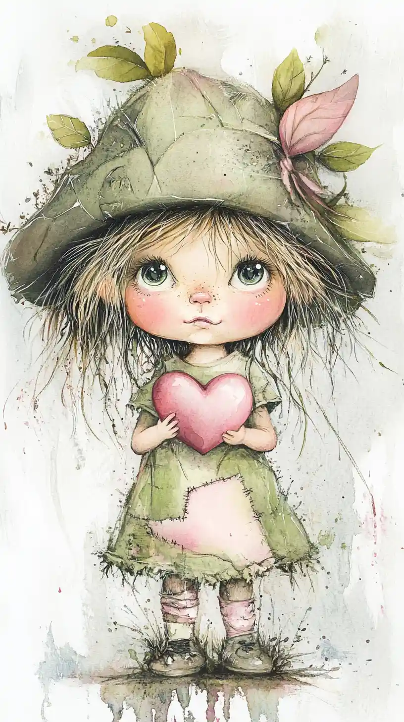 Cheeky woodland sprite child holding a glowing heart