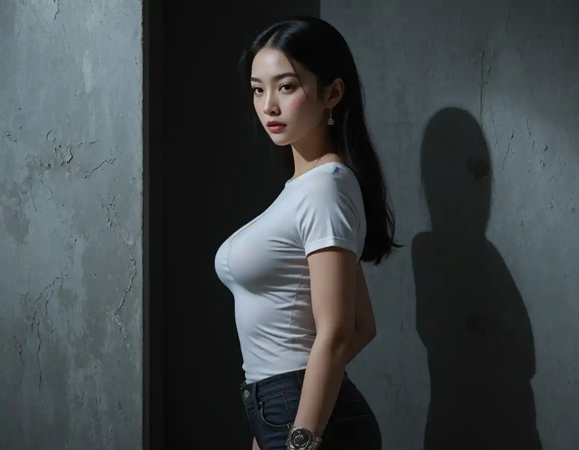 Giovane donna asiatica sensuale in posa con T‑shirt bianca bagnata