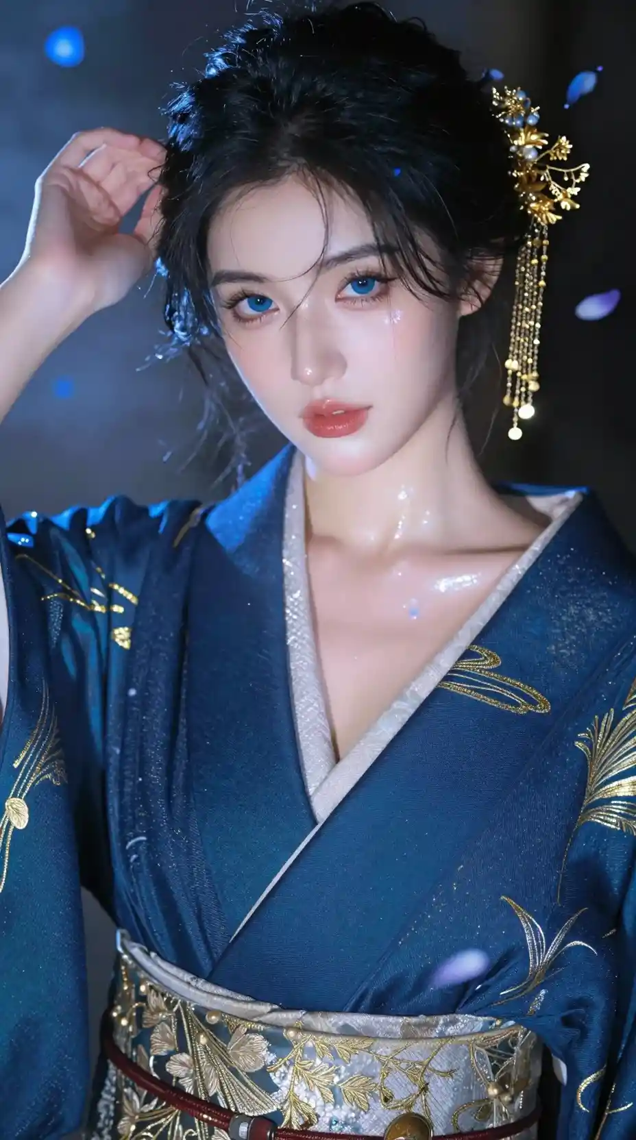 Sensual woman in blue kimono close up portrait
