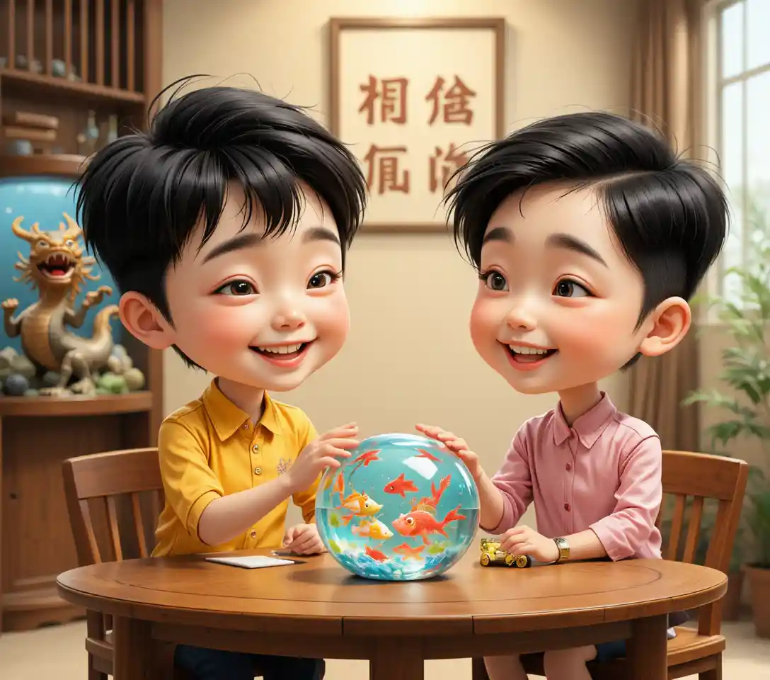 Smiling Asian children playing at a wooden table indoors