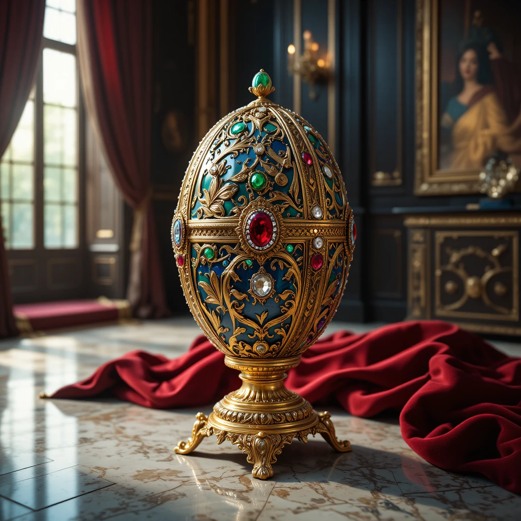 Opulent Faberge style egg on ornate golden pedestal