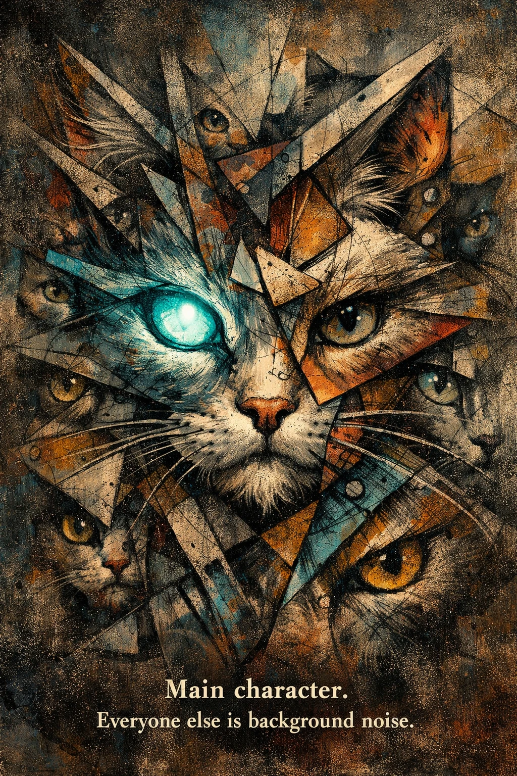 Kubistisches Katzen­gesicht in leuchtende geometrische Splitter zerbrochen