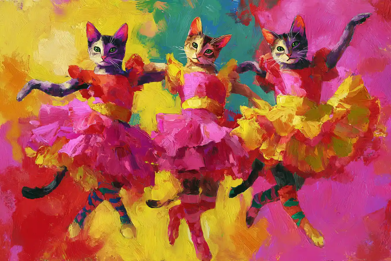 Three dancing abyssinian cats in colorful cabaret painting