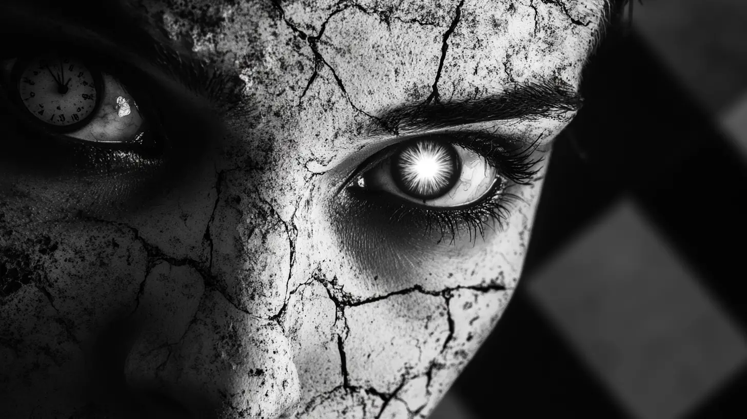 Surreal cracked woman face in extreme close up portrait