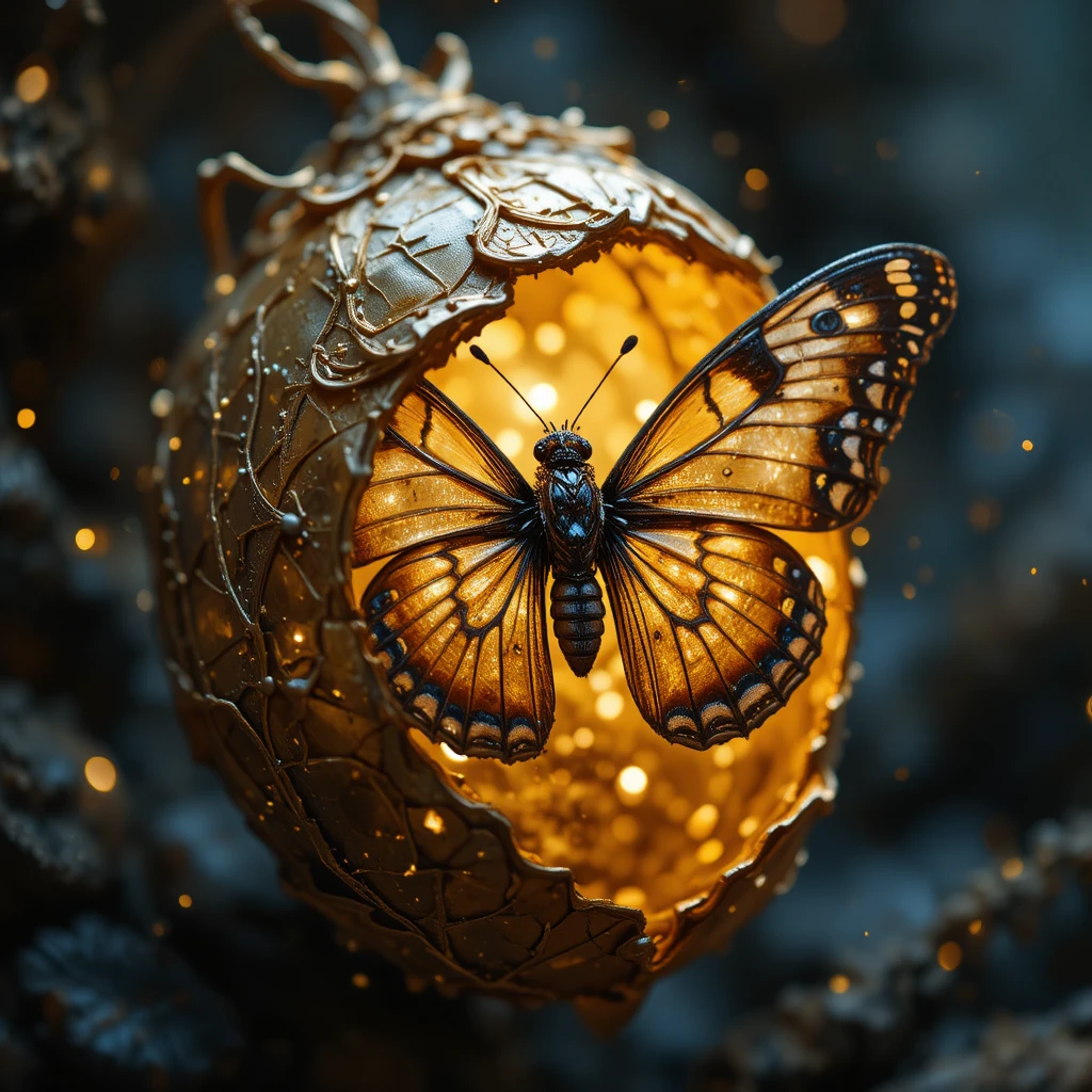 Macro butterfly emerging from a glowing metallic cocoon