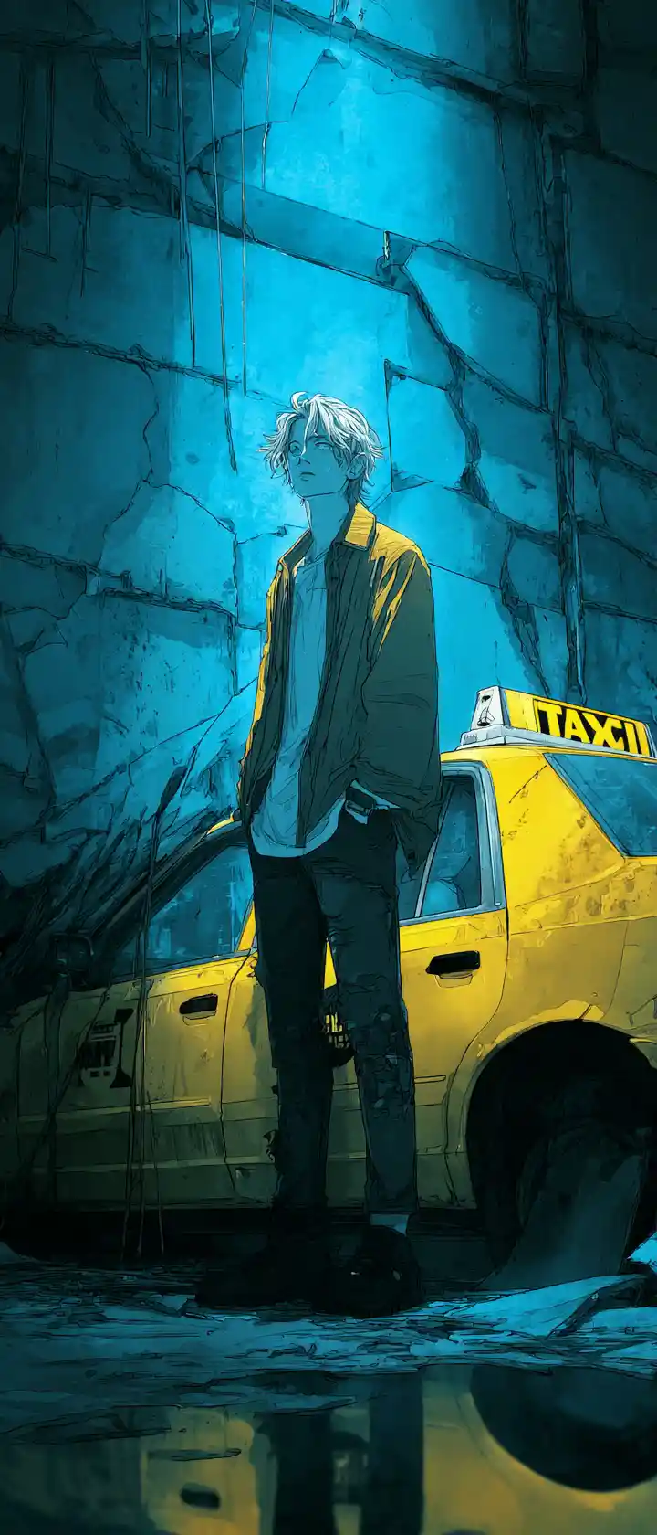 Anime girl by taxi in dystopian neon lit city street