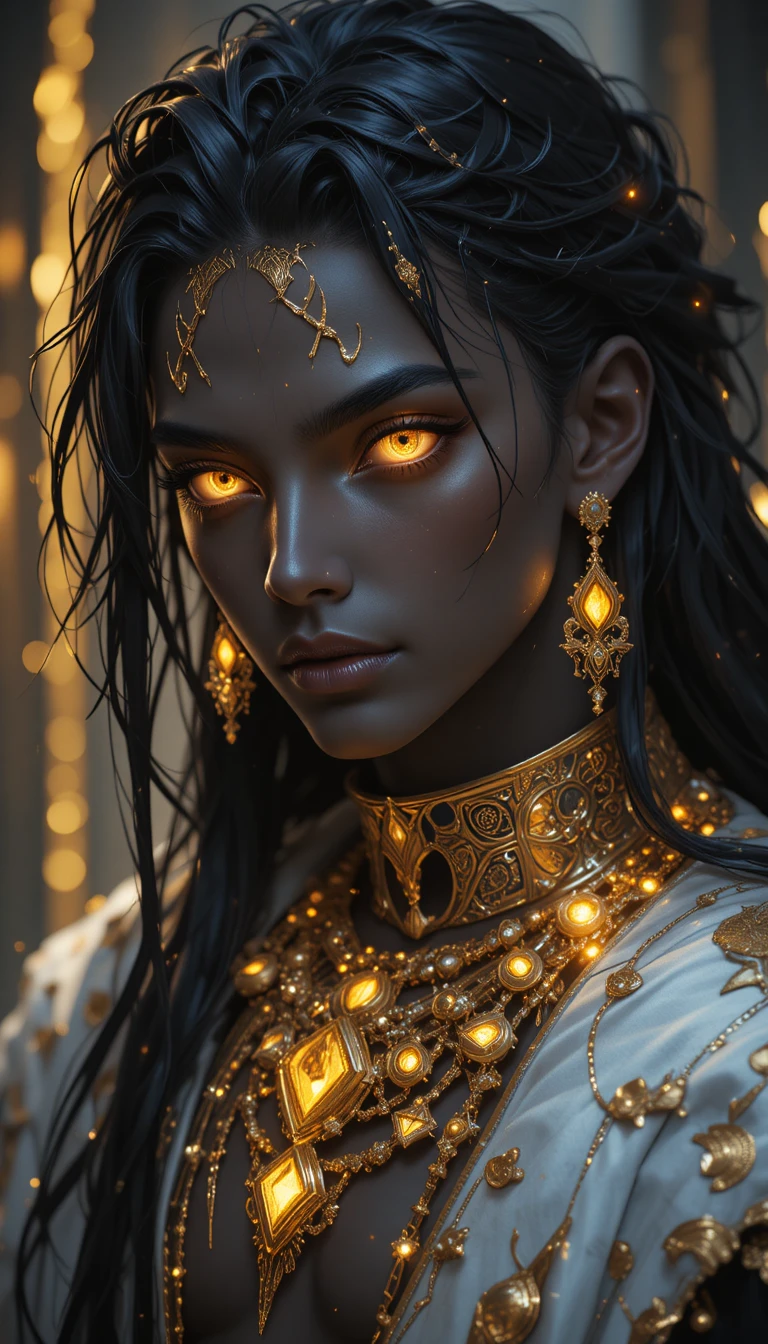 Dunkelhäutiger Cyberpunk-König mit leuchtendem Goldschmuck