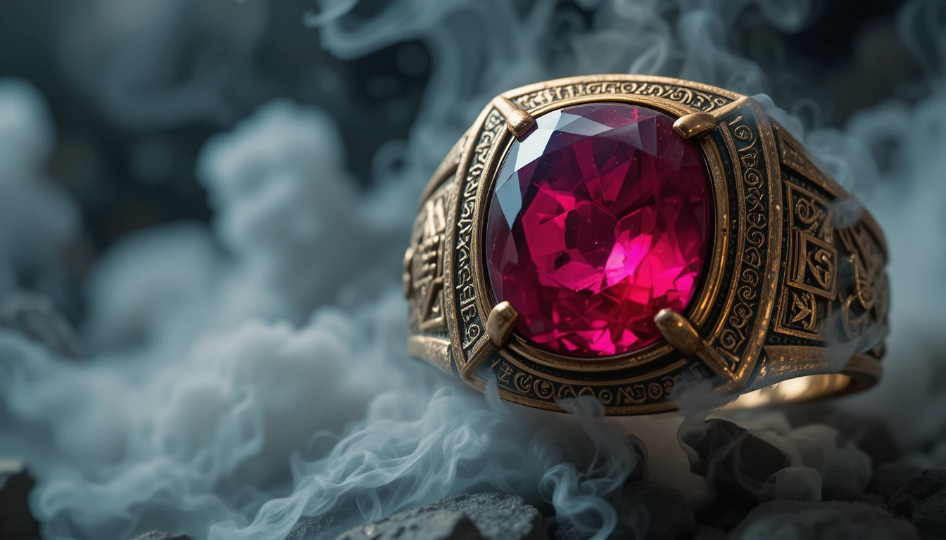 Macro close up of a gold ring with glowing ruby