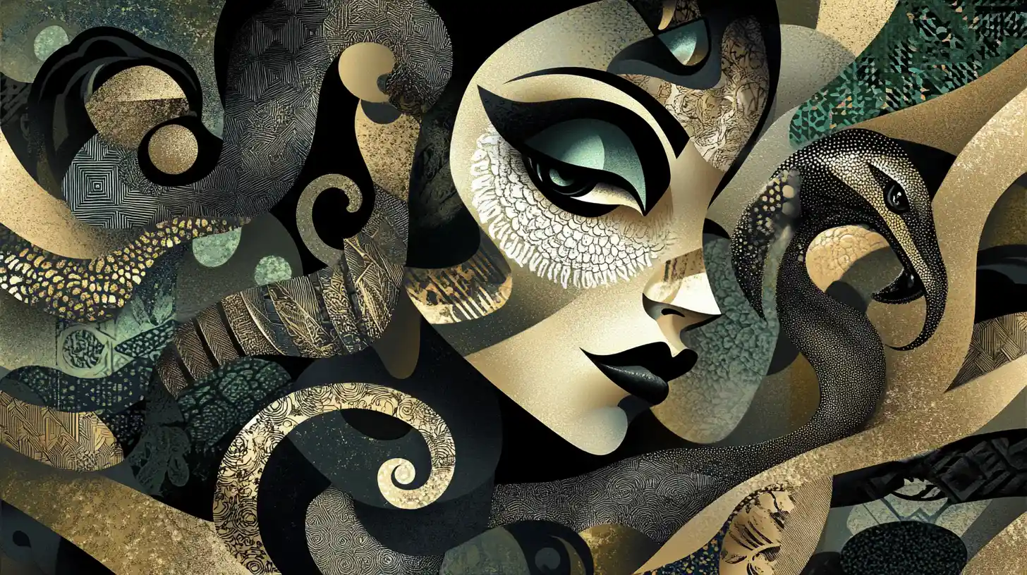 Femme cubiste abstraite avec serpent enroulé et formes géométriques