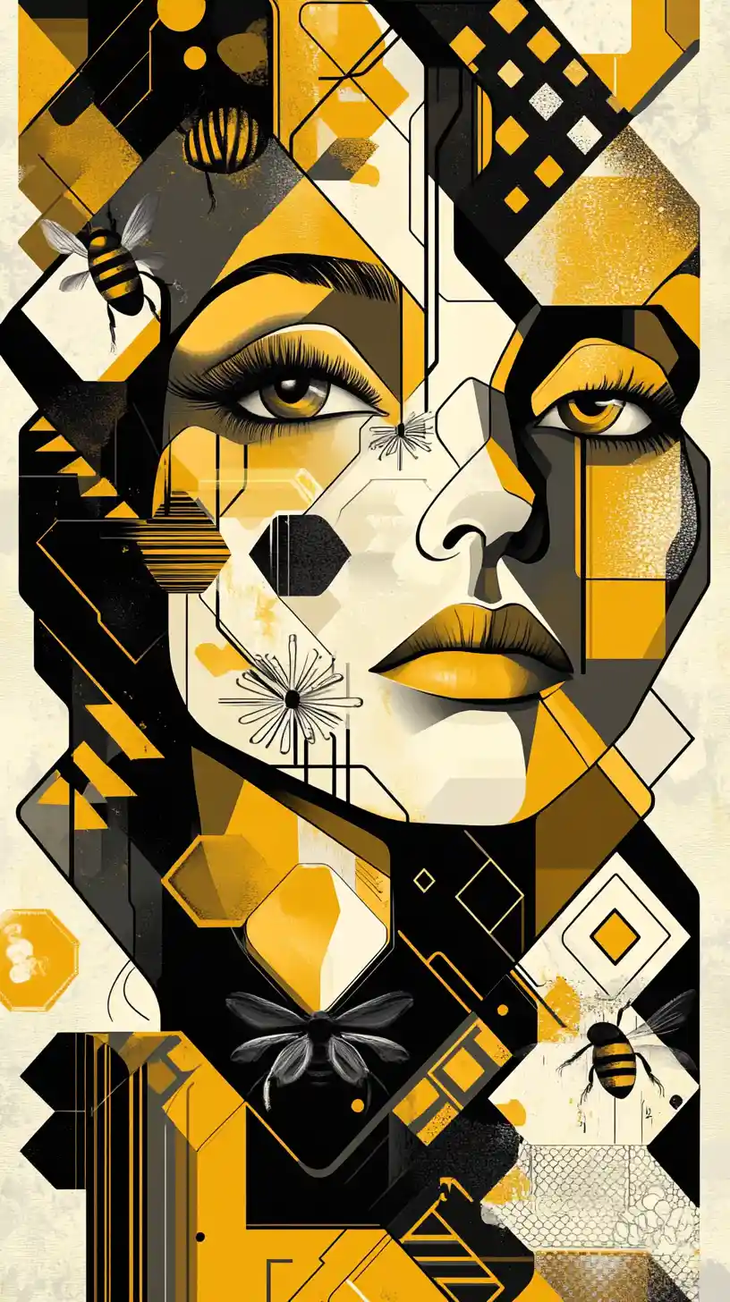 Cubist woman with bees and honeycomb geometric aura