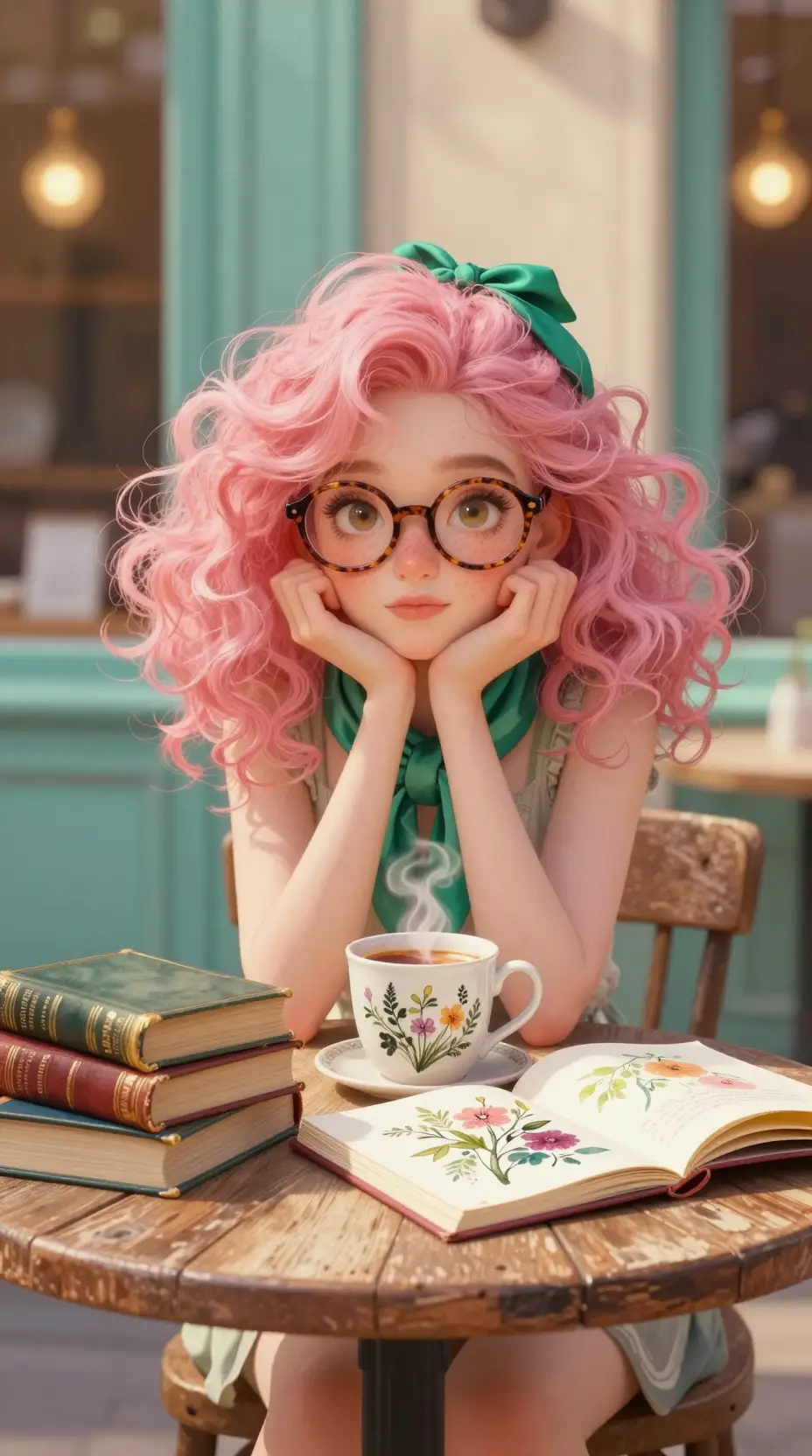 Dreamy girl at a Parisian cafe table portrait