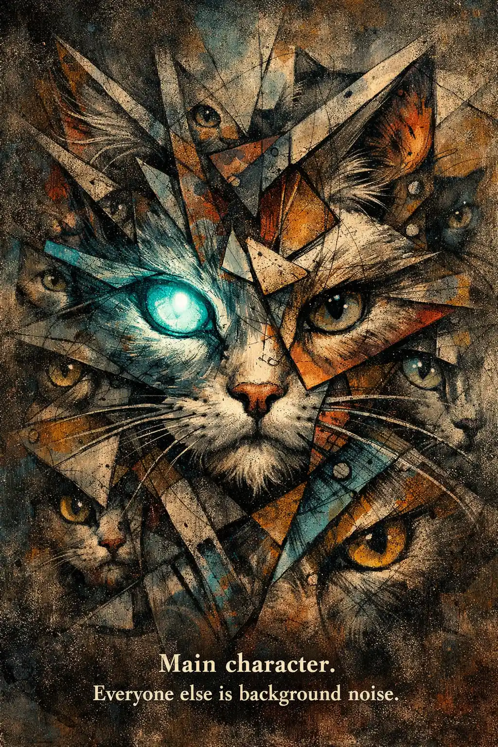Cubist cat face fractured into glowing geometric shards
