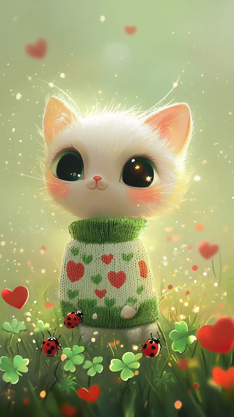 Cute cartoon creature in shamrock meadow with hearts