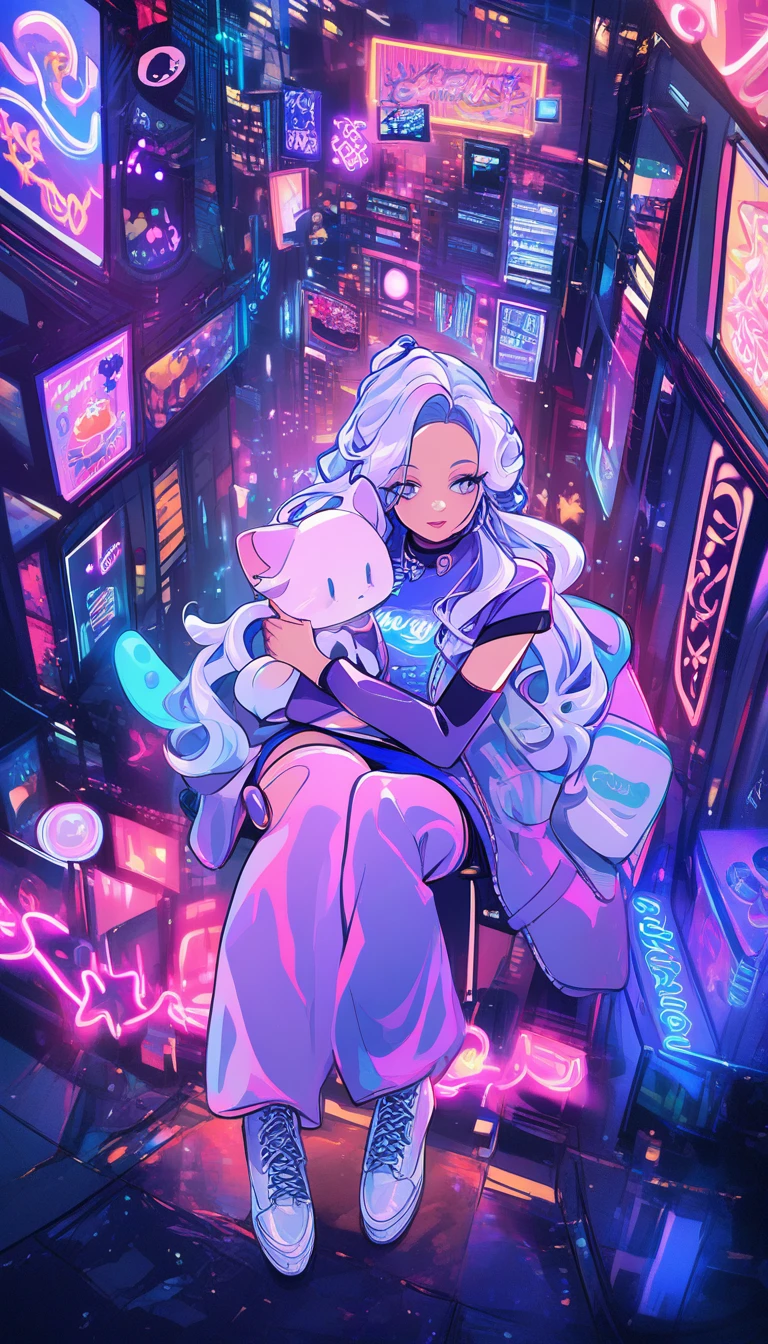 Fille d’anime avec chaton dans une scène urbaine néon