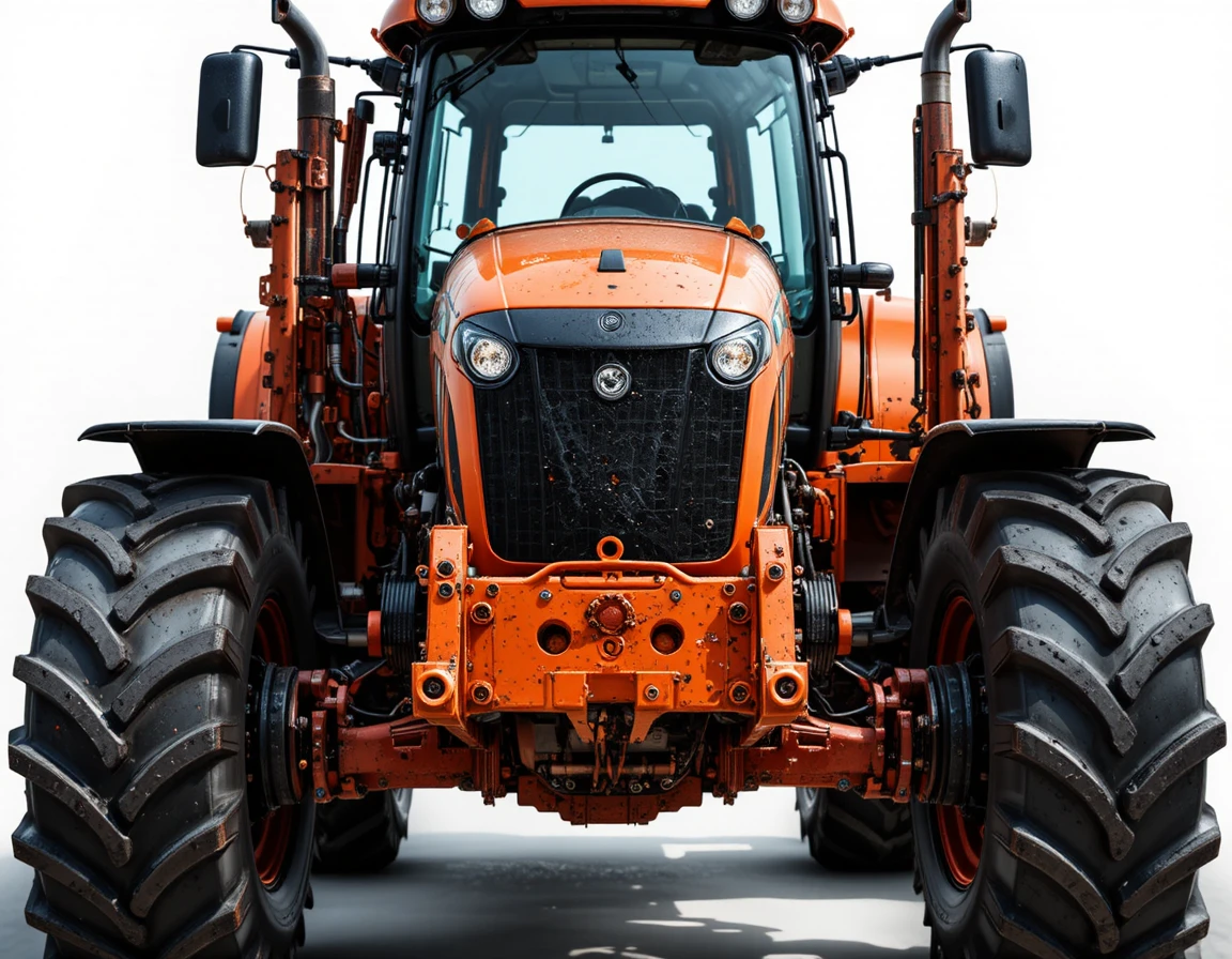 Industrieller orangefarbener Traktor mit Frontlader auf weißem Hintergrund