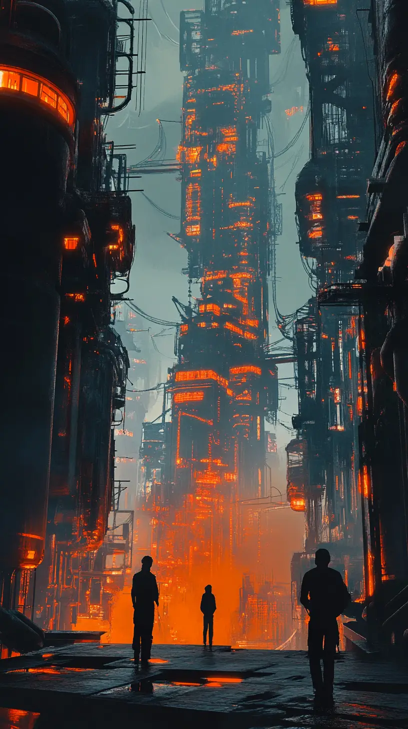 Futuristic floating dystopian city with glowing interiors