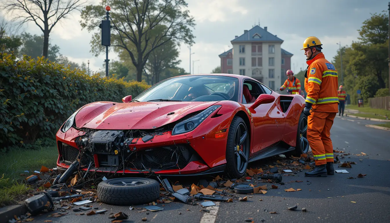 Unfall eines roten Sportwagens mit Feuerwehrmann an der Straßenrand-Szene
