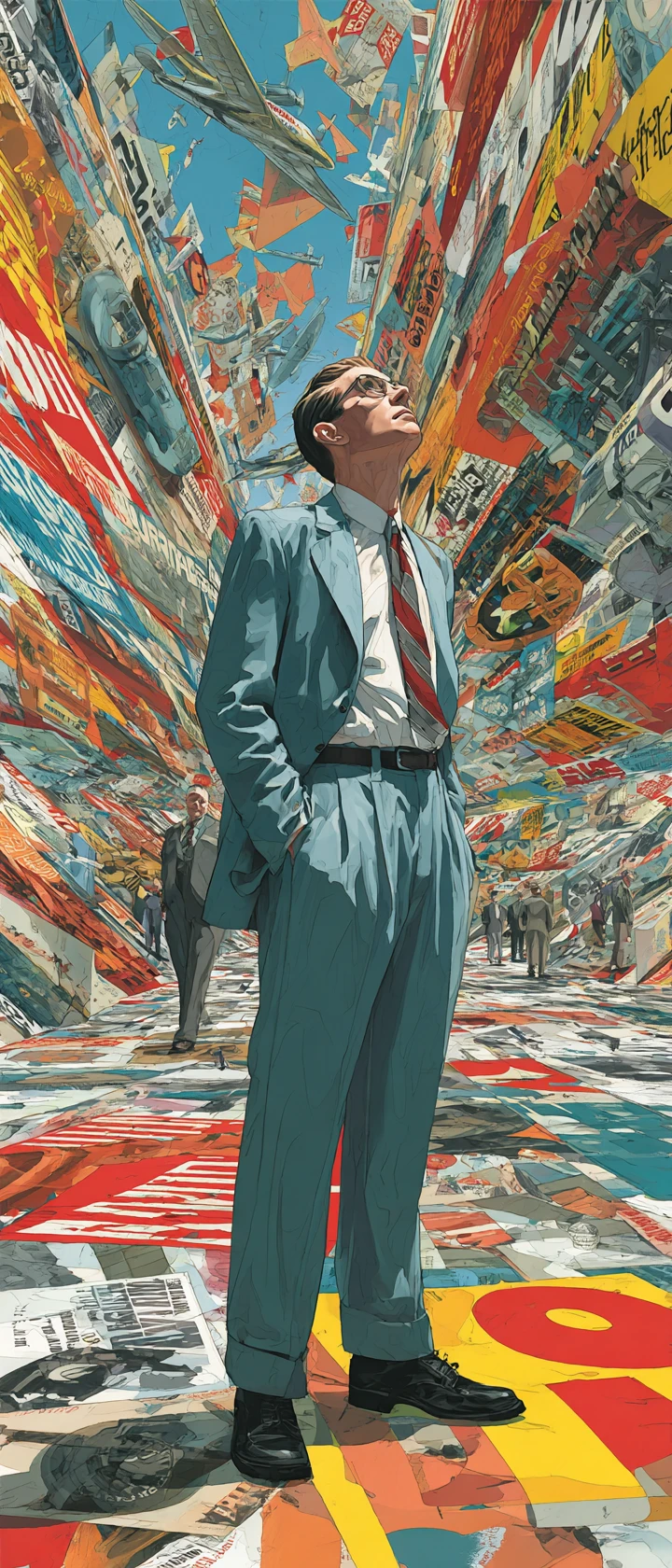 Anime office worker amazed by transforming pop art cubicle walls